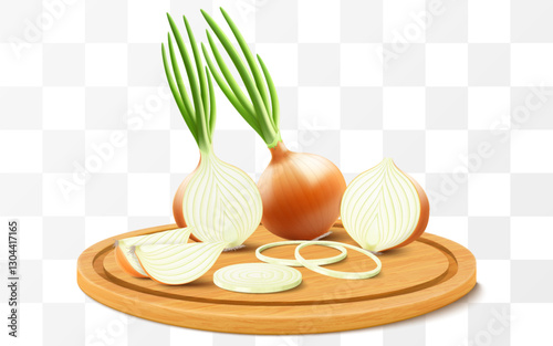 Whole, half and slices of fresh onion on a cutting board. Set of ripe yellow onion with green feather isolated on transparent background. Healthy food. Natural vegetable. Realistic 3d vector