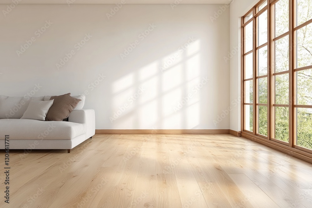 Fototapeta premium Clutter-Free Minimalist Living Room with Large Couch and Open Space