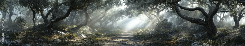 Fototapeta premium Misty morning walk through a peaceful forest