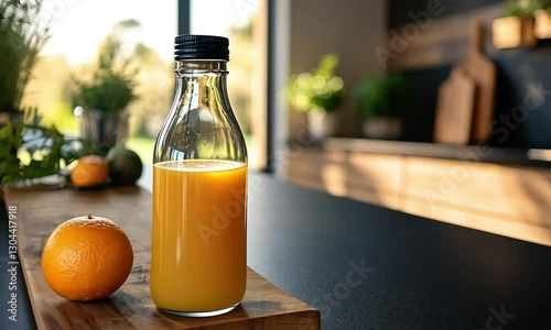 Refreshing Orange Juice Bottle on Kitchen Counter