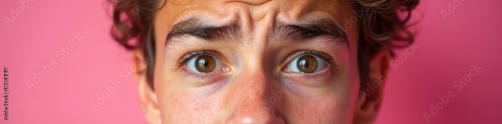 Close-up portrait of irritated young adult, eyebrow raised, pink backdrop , stress, portrait Close-up portrait of irritated young adult, eyebrow raised, pink backdrop , stress, portrait