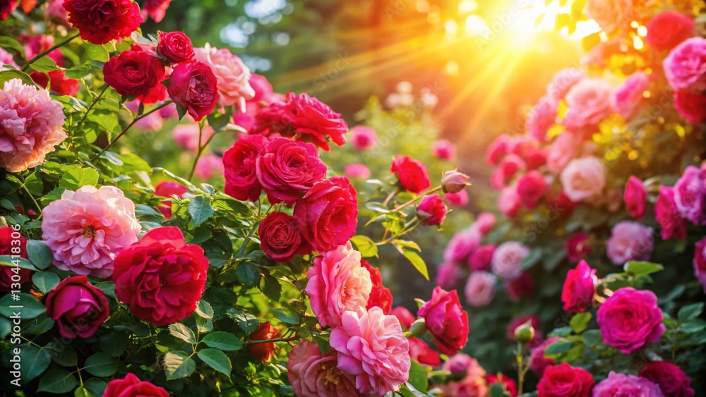 Aerial View of Pink and Red Rose Garden, Blooming Flowers, Romantic Floral Background Aerial View of Pink and Red Rose Garden, Blooming Flowers, Romantic Floral Background