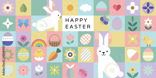 Happy Easter geometric background , Easter card, banner design with bunny, eggs, plants, flowers, chicks, basket.