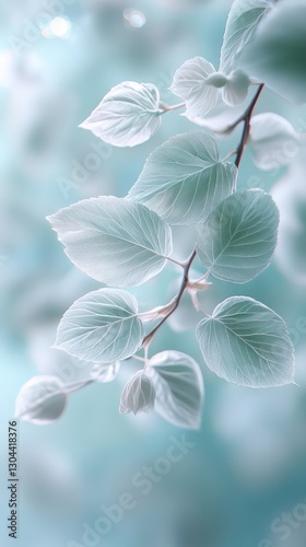 A soft and dreamy close-up image of light green and white leaves blowing in the wind