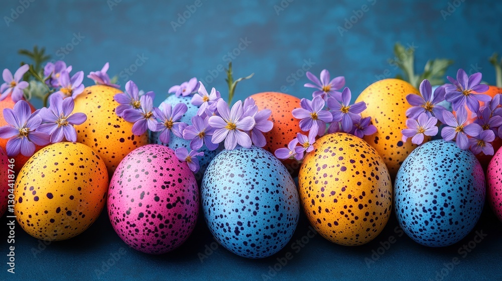 Obraz premium A vibrant tableau of Easter eggs, each a kaleidoscope of colors - red, yellow, orange, blue - dotted with delicate purple flowers, rests on a deep blue canvas, inviting viewers to imagine the joy of