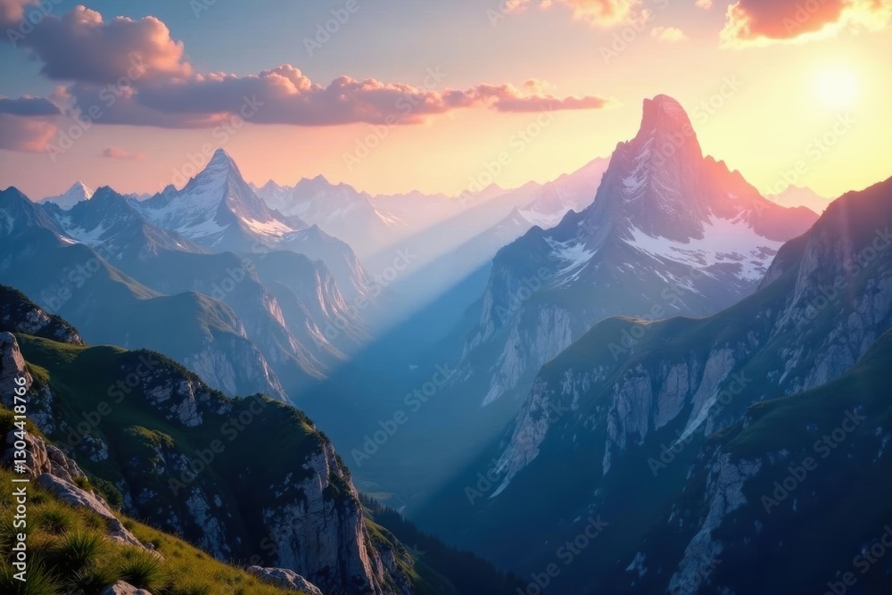 Expansive mountain range panorama, sunlit peaks, stock, background Expansive mountain range panorama, sunlit peaks, stock, background