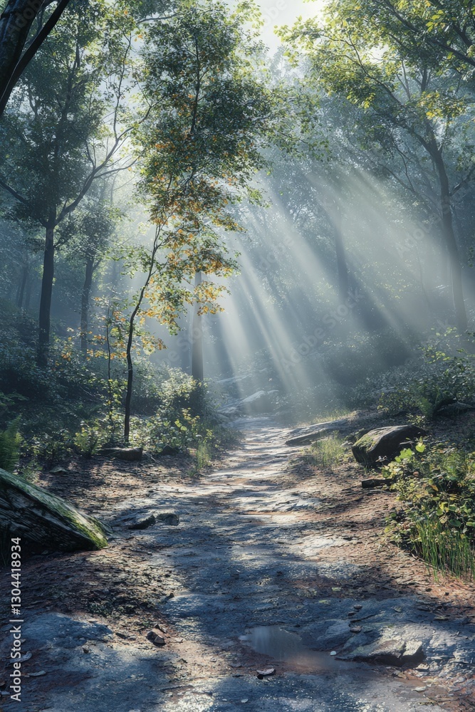 Obraz premium Fog envelops a serene forest path with sun rays piercing through trees