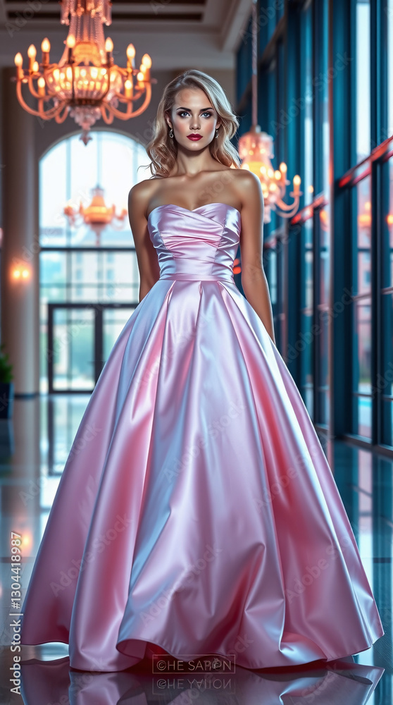 Fototapeta premium A high-fashion cinematic portrait: a stunning blonde woman with delicate features and fair skin, wearing a light-pink satin ball gown with a strapless bodice and voluminous skirt.