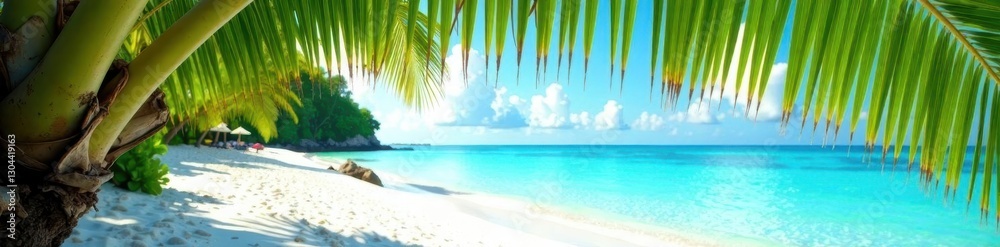 Fototapeta premium Lush palm fronds arch over white sand beach, turquoise water , escape, sea