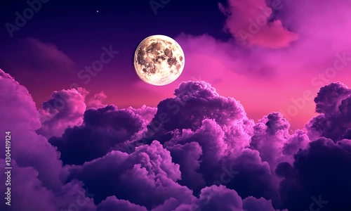 Enchanted Night: A Full Moon's Embrace Above Purple Clouds