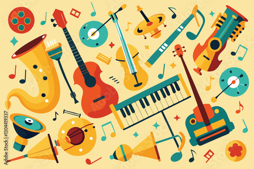 Colorful vector illustration showcasing a variety of musical instruments in an upbeat and lively pattern for music lovers