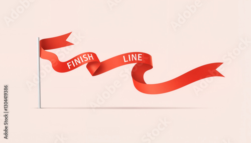 Red finish line ribbon waving on minimalist background