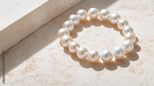 Elegant Pearl Bracelet on Beige Surface - A close-up shot of a pearl bracelet resting on a light beige background. The pearls are round and lustrous
