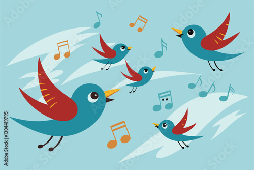 Colorful birds singing joyfully in the bright blue sky with musical notes surrounding them