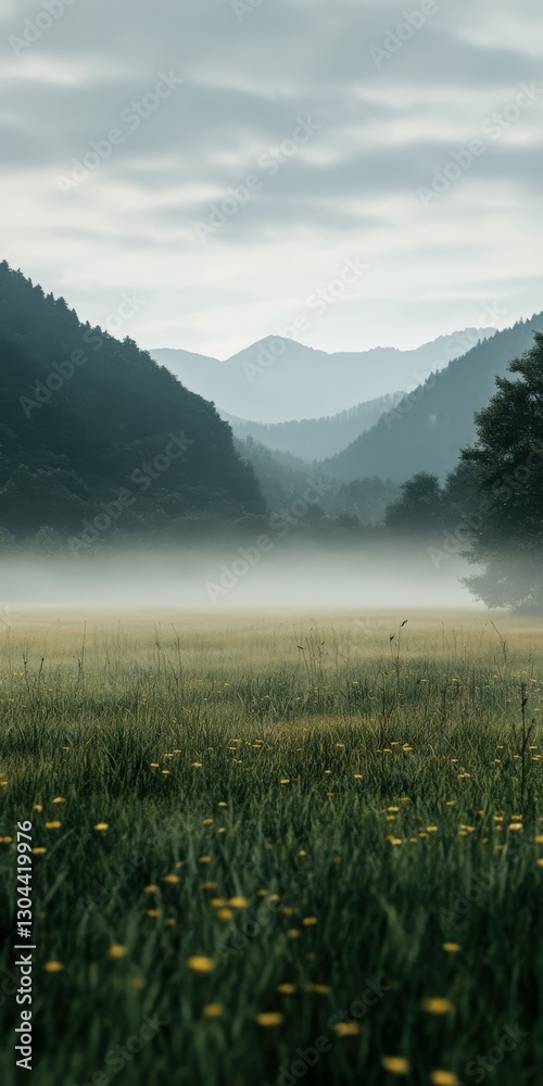 Obraz premium Fog envelops a serene valley at dawn in the mountains
