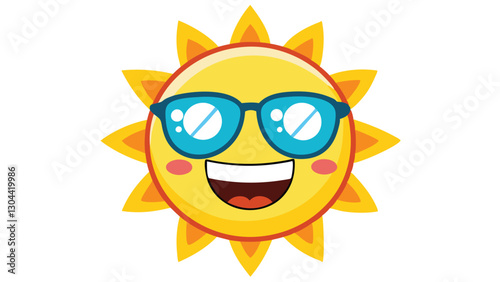 Bright and cheerful cartoon sun wearing sunglasses radiating happiness in a clear blue sky during a sunny day