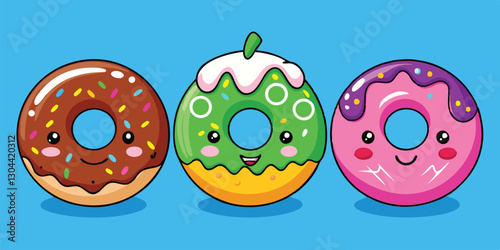 Sweet and colorful cartoon donuts with playful designs on a bright blue background