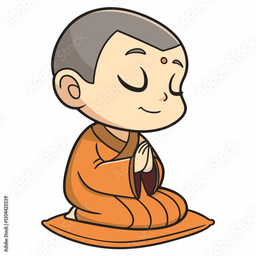 Calm Young Monk in a Vibrant Orange Robe Practicing Mindfulness – Great for Mascot Designs, Graphics, and Print Ads