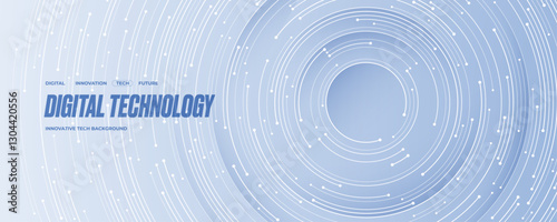 Futuristic technology background with white circle circuit wires with text block on light blue motherboard. AI chip or semiconductor concept. Abstract tech bg. Web banner. Digital vector illustration.