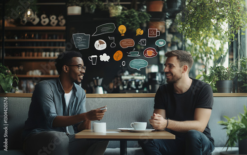 Two friends engaging in a lively conversation at a cafe, surrounded by creative doodles