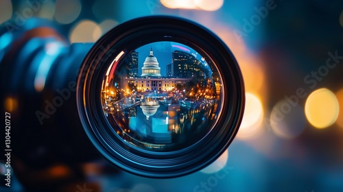 Camera lens focuses on capitol, symbolizing media's role in u.s. political coverage.