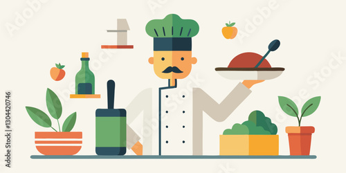 Chef in a cozy kitchen preparing fresh ingredients with colorful plants and utensils while showcasing culinary skills and creativity