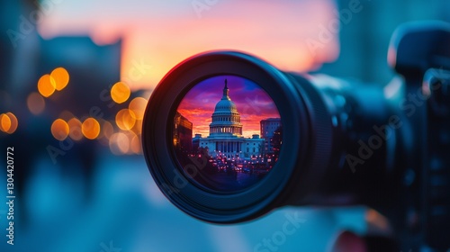 Camera lens captures us capitol, symbolizing focus on government news.