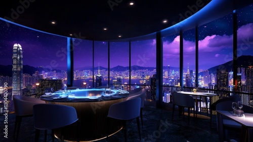 Exquisite Rooftop Dining with Cityscape View - Luxury restaurant with panoramic city night views, elegant dining setting, perfect for special occasions or romantic dinners