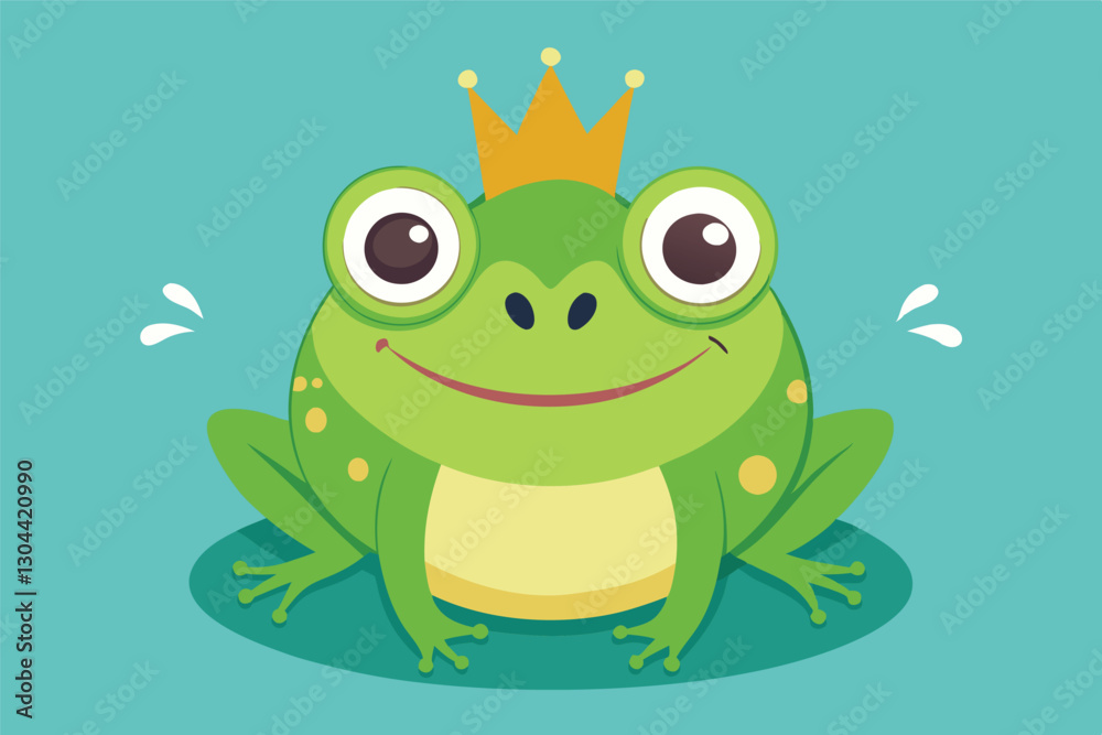 Cheerful green frog wearing a crown sits happily on a vibrant purple background, showcasing a whimsical character from a playful storybook setting Cheerful green frog wearing a crown sits happily on a vibrant purple background, showcasing a whimsical character from a playful storybook setting