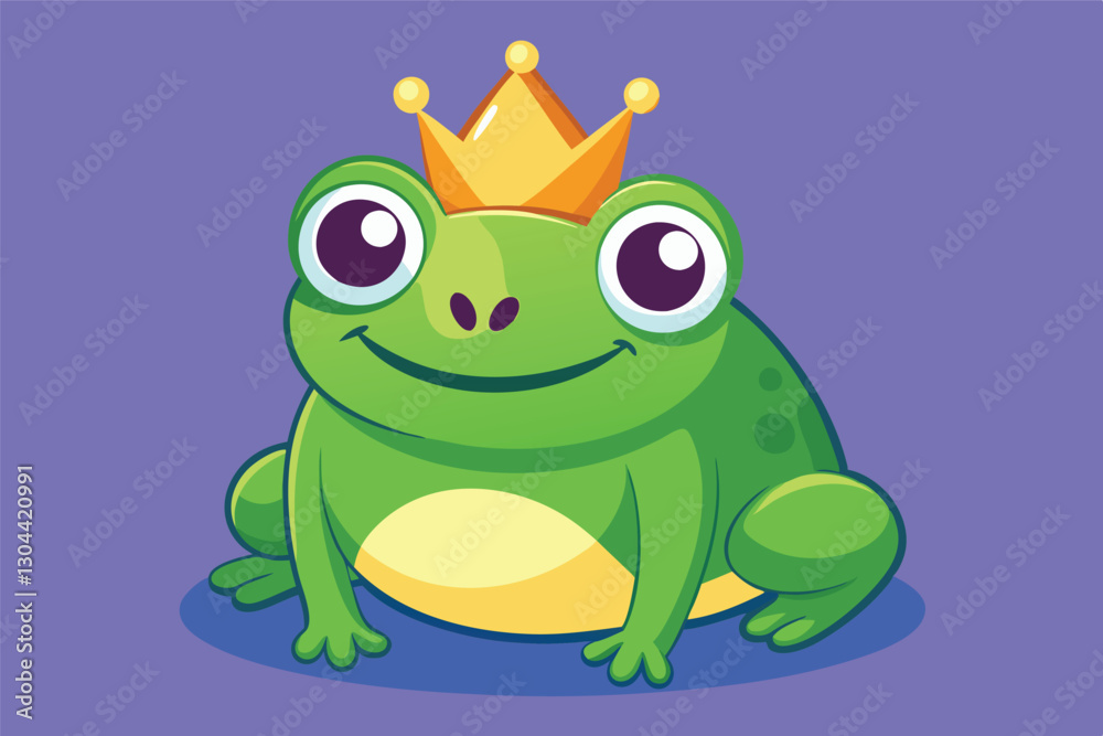 Naklejka premium Cheerful green frog wearing a crown sits happily on a vibrant purple background, showcasing a whimsical character from a playful storybook setting