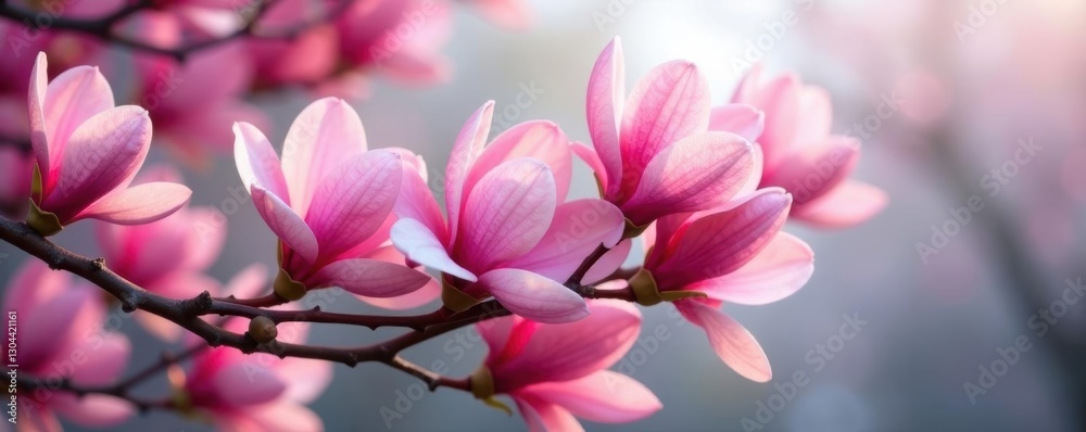 Obraz premium A branch laden with fully opened pink magnolia flowers, close-up , blossom, outdoor