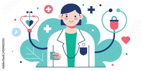 Illustration of a healthcare worker with medical symbols, tools, and vibrant colors representing modern health and wellness practices in a hospital setting