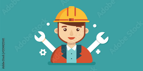 Graphic representation of a construction worker wearing a hard hat and surrounded by various tools in a bright background