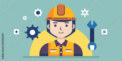 Graphic representation of a construction worker wearing a hard hat and surrounded by various tools in a bright background