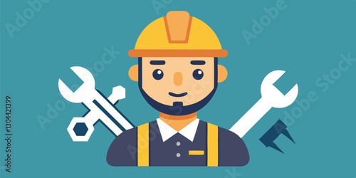 Graphic representation of a construction worker wearing a hard hat and surrounded by various tools in a bright background