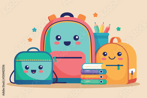 Colorful vector illustration of cheerful school supplies and backpacks adorning a light-colored background, perfect for kids' educational themes