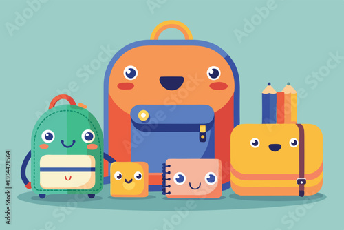 Colorful vector illustration of cheerful school supplies and backpacks adorning a light-colored background, perfect for kids' educational themes