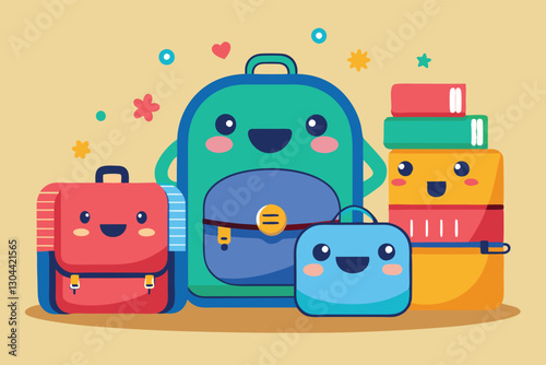 Colorful vector illustration of cheerful school supplies and backpacks adorning a light-colored background, perfect for kids' educational themes