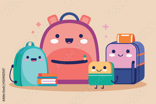 Colorful vector illustration of cheerful school supplies and backpacks adorning a light-colored background, perfect for kids' educational themes