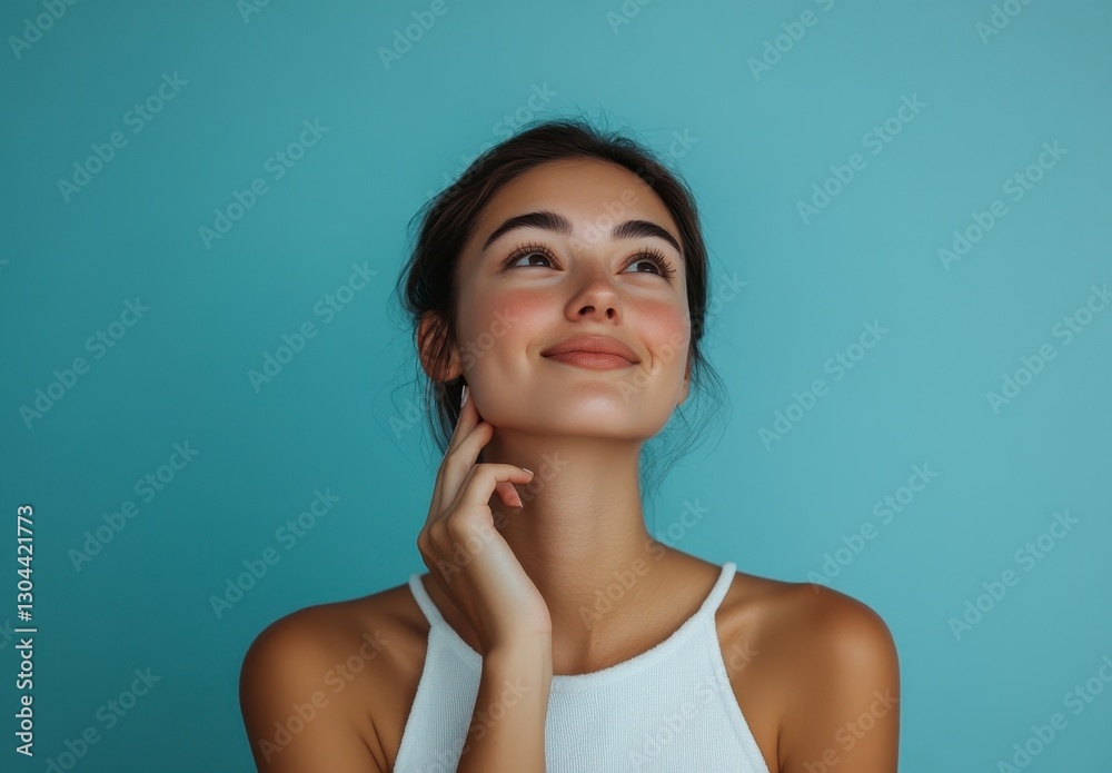 Smiling woman in turquoise space Smiling woman in turquoise space