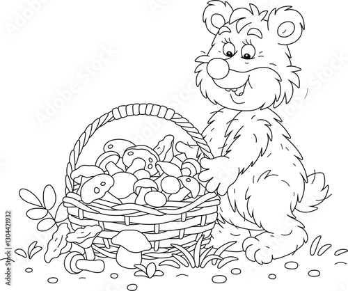 Funny bear mushroomer with a big wicker basket full of picked mushrooms from a summer forest, black and white outline vector cartoon illustration