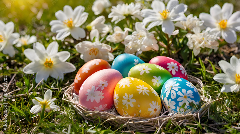 easter eggs in grass, Colorful Easter eggs nestle between blooming white flowers on a sunny, grassy field, creating a vibrant, festive spring scene easter eggs in grass, Colorful Easter eggs nestle between blooming white flowers on a sunny, grassy field, creating a vibrant, festive spring scene