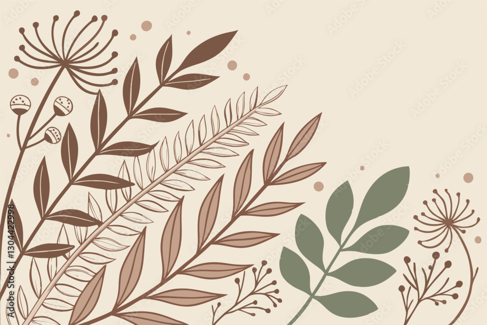 Naklejka premium Elegant vector illustration of diverse plants and leaves in soft tones designed for a nature-inspired decor or branding project