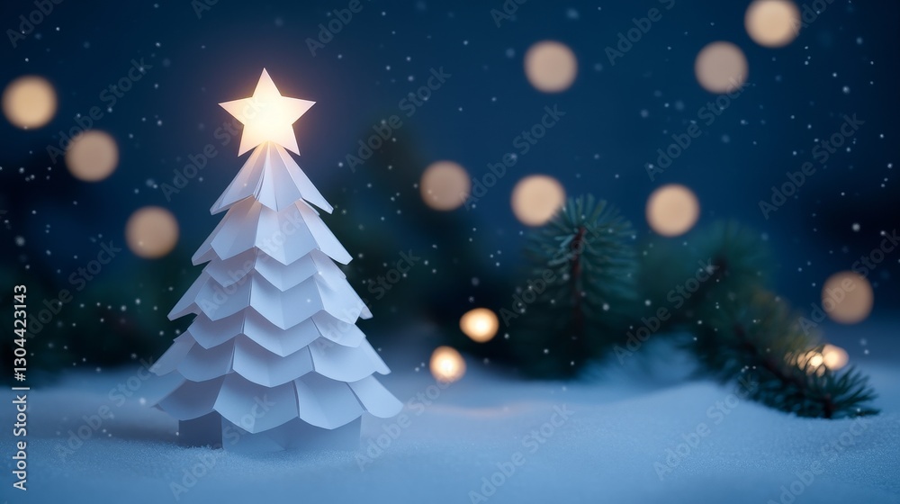 Illuminated Paper Christmas Tree - Festive winter scene, paper art, illuminated tree, snowy landscape, holiday spirit. Symbolizing: peace, hope, joy, celebration, tradition