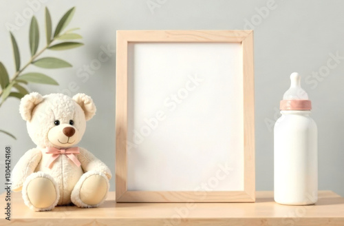 Children's room interior with a photo frame mockup on the table, a teddy bear and a baby bottle.