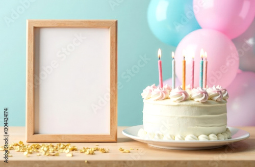 Room interior with photo frame mockup on table, with birthday cake and balloons.