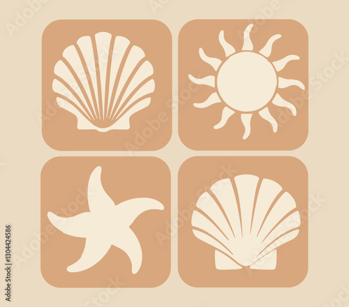 Sea shell icon - four variations. icons and symbols, sea, ocean, beach and surfing. Sun, seashell. geometric abstract design elements for decoration. sunshine icon. .Editable vector illustration