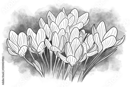 illustration of a group of blooming purple crocus flowers with black lines on a white background
