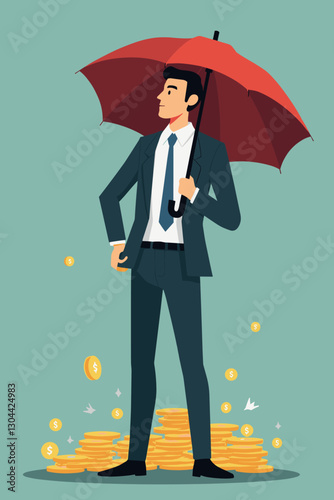 Businessman Protecting Investments with Umbrella and Dollar Coins During Market Crash
