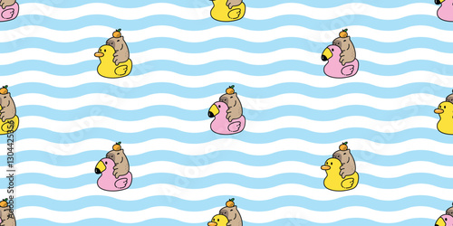 capybara seamless pattern flamingo duck swimming ring inflatable orange pool beach ocean wave vector pet cartoon doodle gift wrapping paper tile background repeat wallpaper animal illustration scarf i